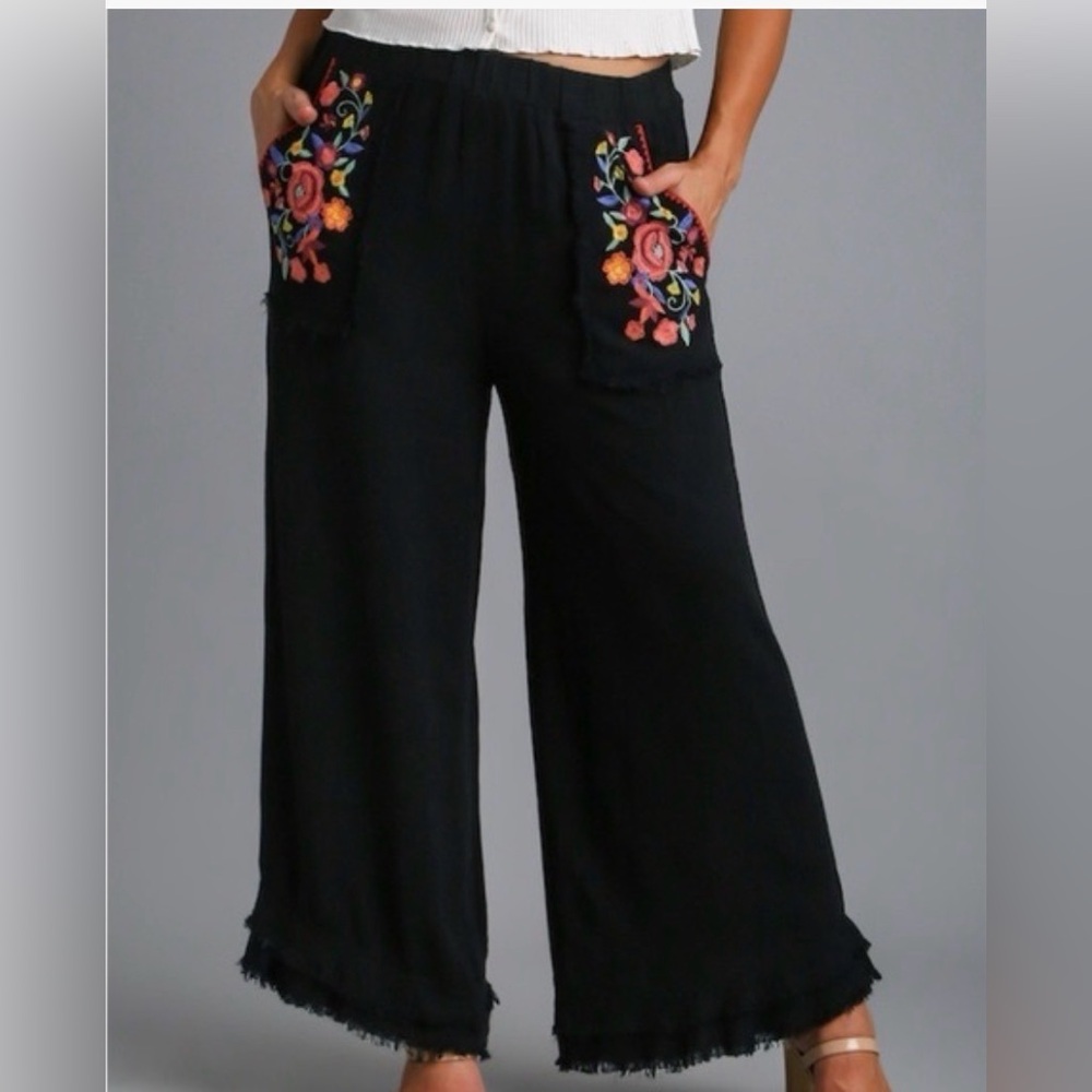 Embroidered Black Wide-Leg Ruffled Hem Pants